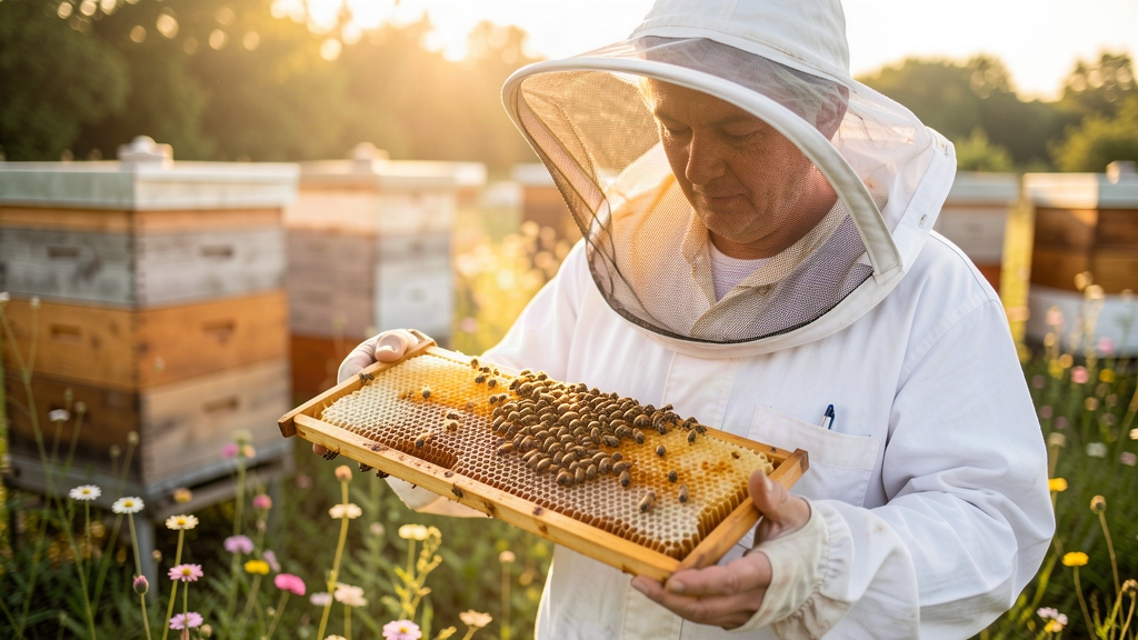 Beekeeper tending hives